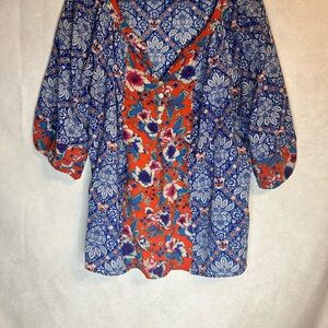 Fig and Flower Blue and White Graphic Sailor Collar Blouse 3X